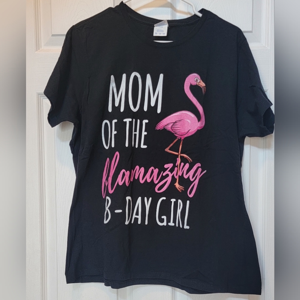 "Mom of the flamazing B-Day girl" black T-shirt, size XXL, worn once